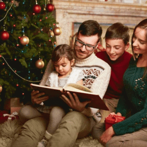 A Family Reading Before a Vintage Christmas Tree