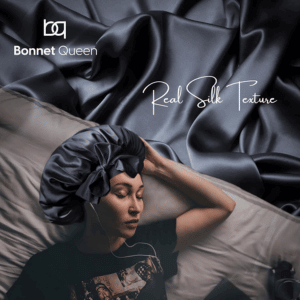Person sleeping with A BONNET Queen Silk Bonnet