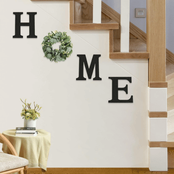 Pinkpum Wood Farmhouse Home Sign on staircase wall
