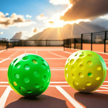 Green pickleball and a yellow pickleball on an orange court