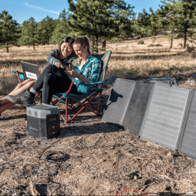 Portable power station connected to solar panels