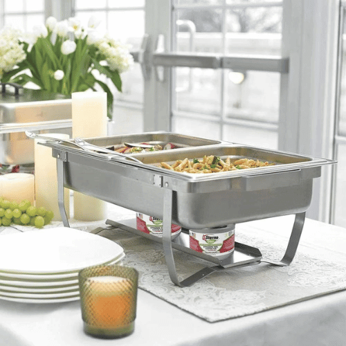 Warming tray warmed by Sterno canisters