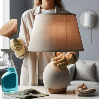 Woman cleaning a linen lampshade with a brush