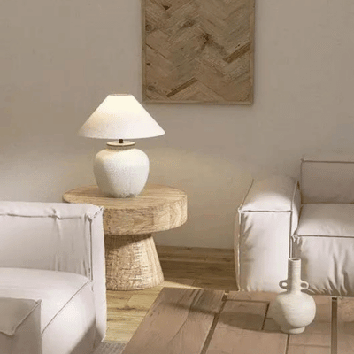 Lamp with a linen lampshade in a living room