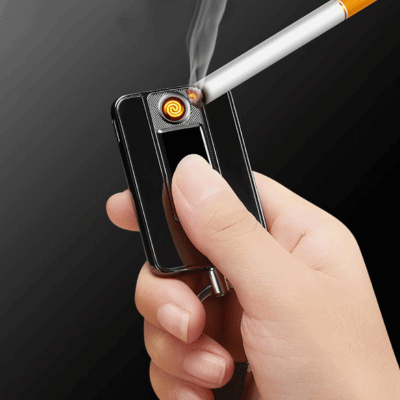 Person lighting a cigarette with a flameless lighter