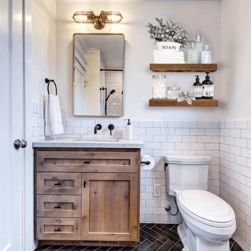 Floating shelves on a bathroom wall