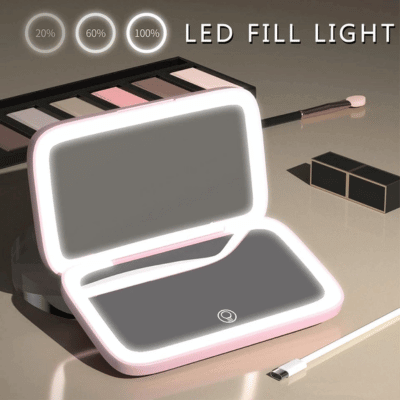 2-sided LED Rechargeable travel makeup mirror with 5x magnifying power
