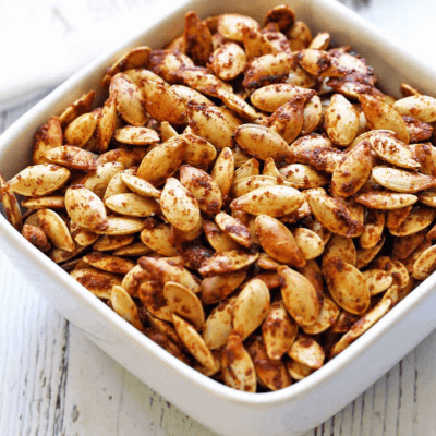 Roasted pumpkin seeds in a dish
