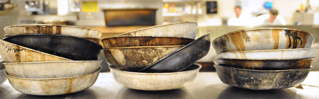 Group of ruined stainless steel bowls