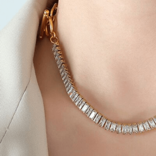 Dual Tennis Link and Hollow Link Titanium Steel Gold-Plated Necklace