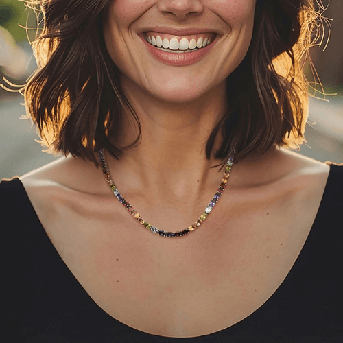 Multi-Gemstone Tennis Necklace in Sterling Silver