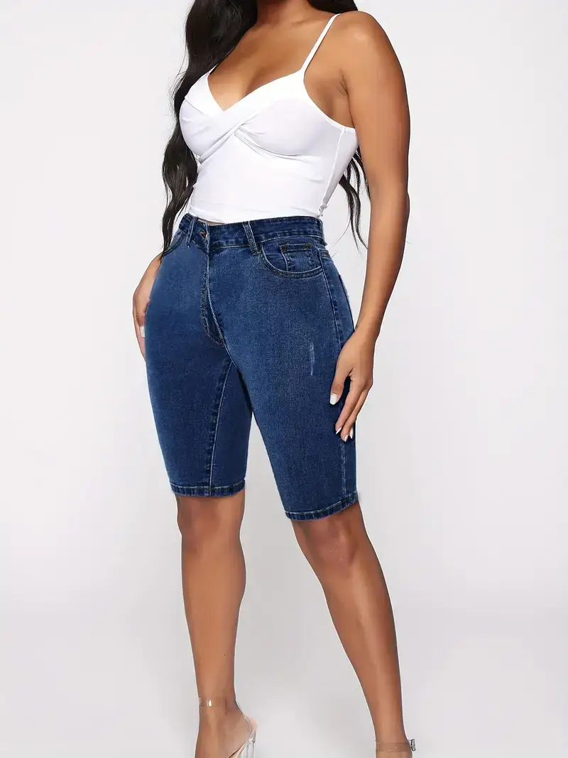 Woman in casual slim fit denim shorts