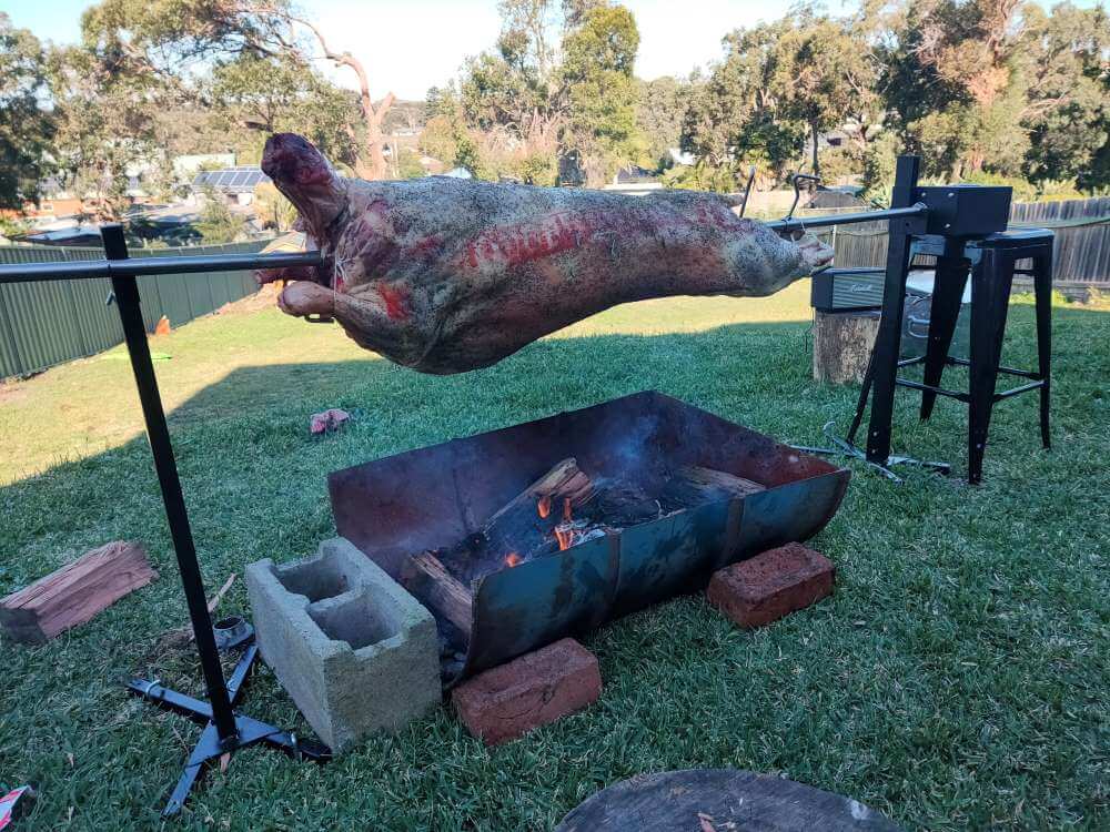 Cooking beef on a spit rotisserie over flaming coals