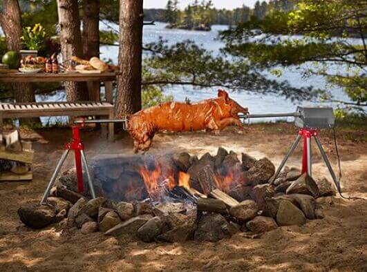 Roasting a pig over an open fire while camping