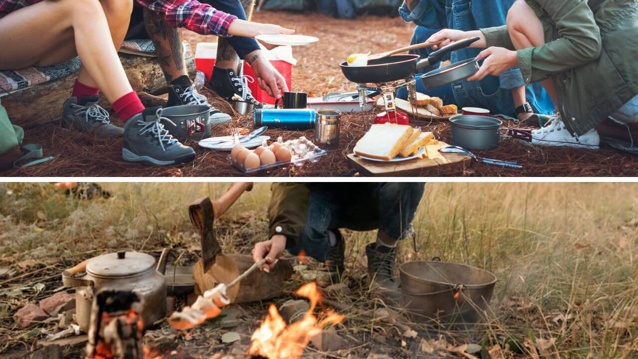 Cooking over an open fire with a campfire cooking kit