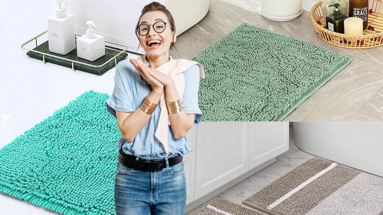 Woman Happy Selecting Chenille Bathroom Rugs