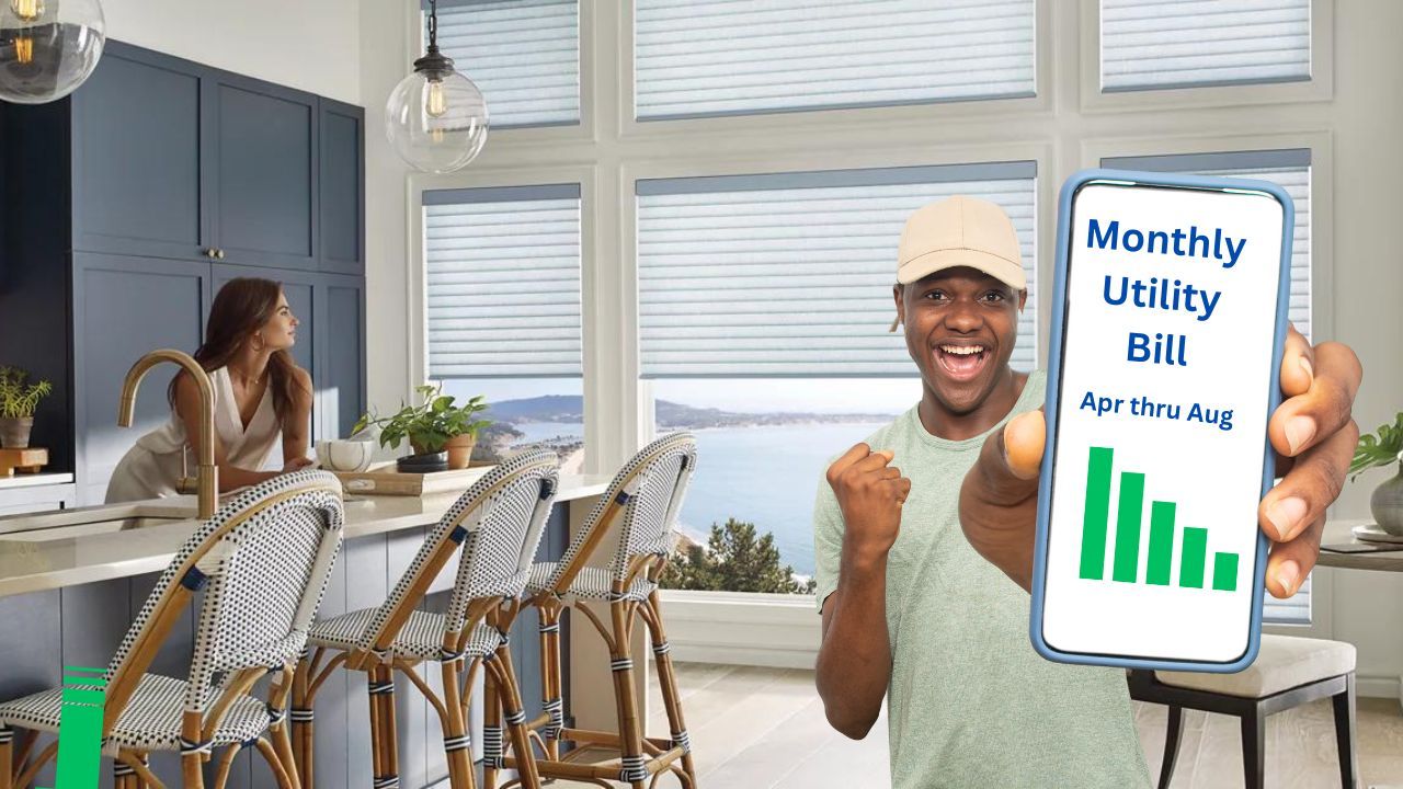 Kitchen With Cellular Shades and Man With Reduced Utility Bill