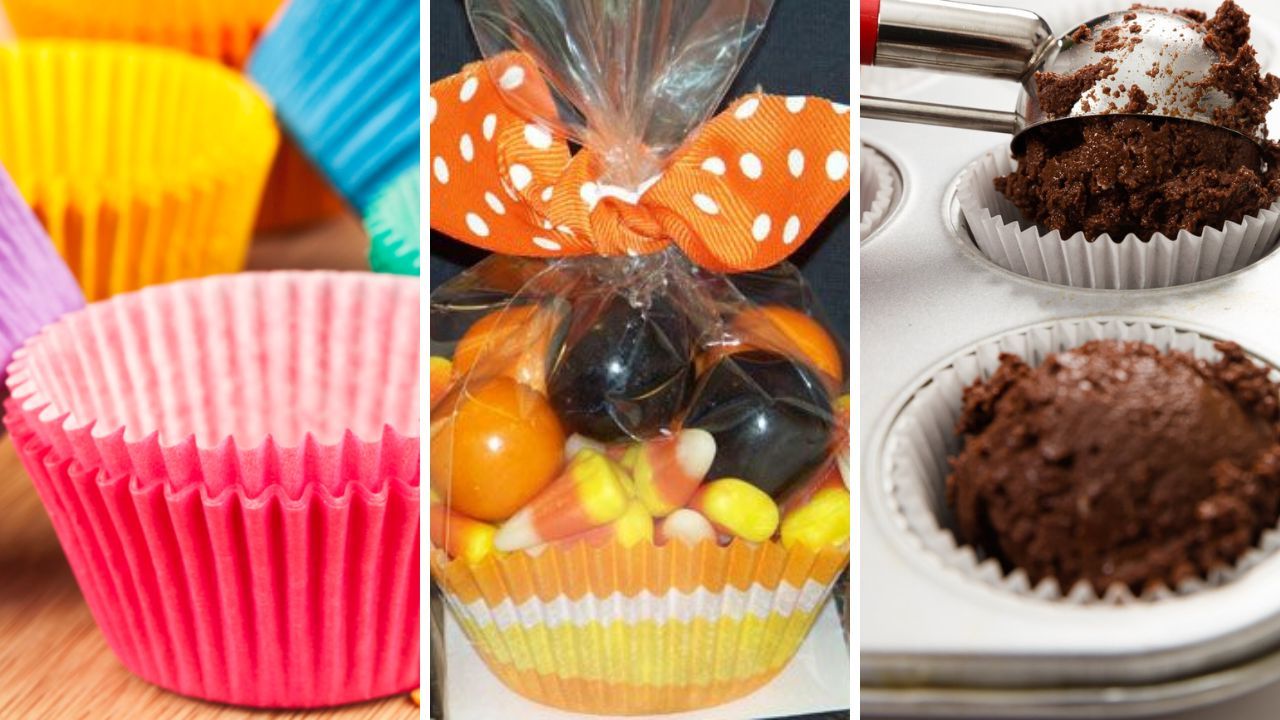 An empty cupcake wrapper. A cupcake wrapper filled with candy. A cupcake wrapper being filled