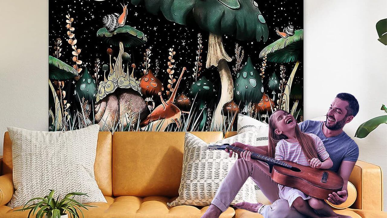 Two People On a Couch With a Guitar In Front of Mushroom Wall Art