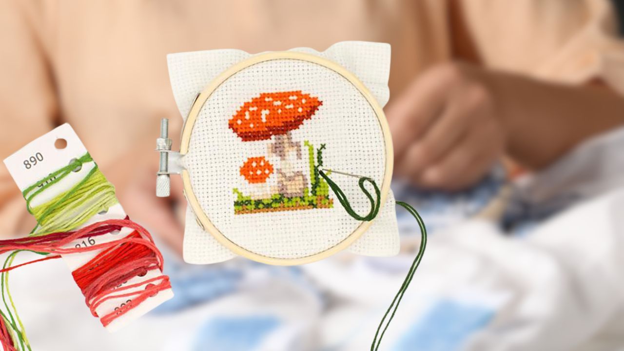 Person Embroidering Behind Mushroom Embroidery Kit