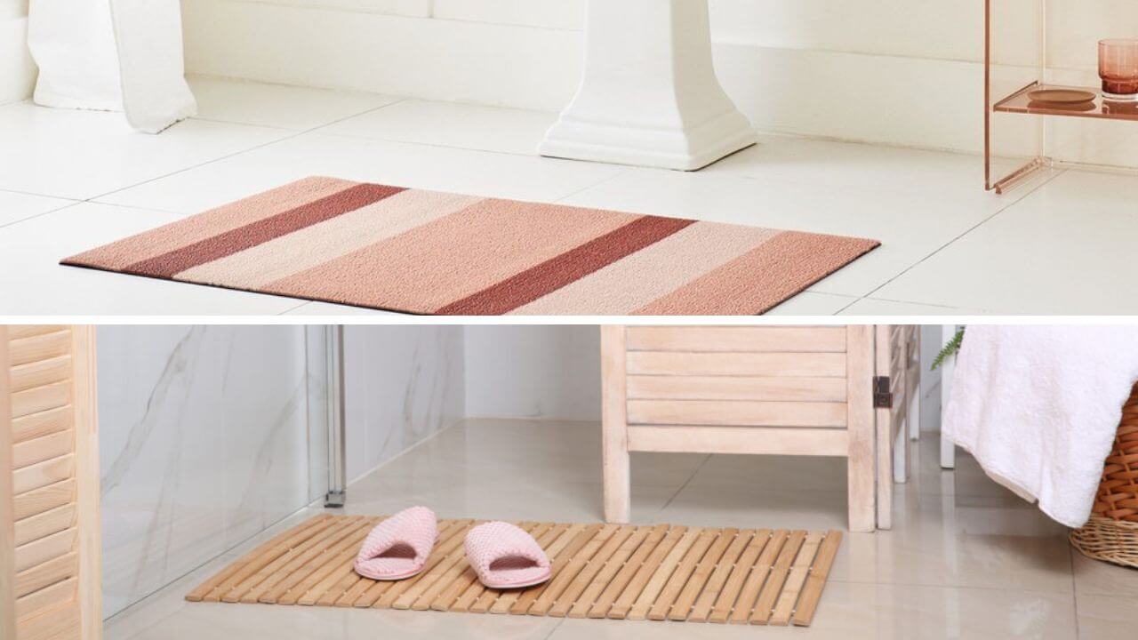 A bathroom rug in front of a sink; a wood bathroom rug in front of shower