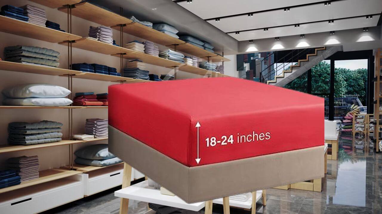 Bedding store showing an example of a deep pocket king-size sheet