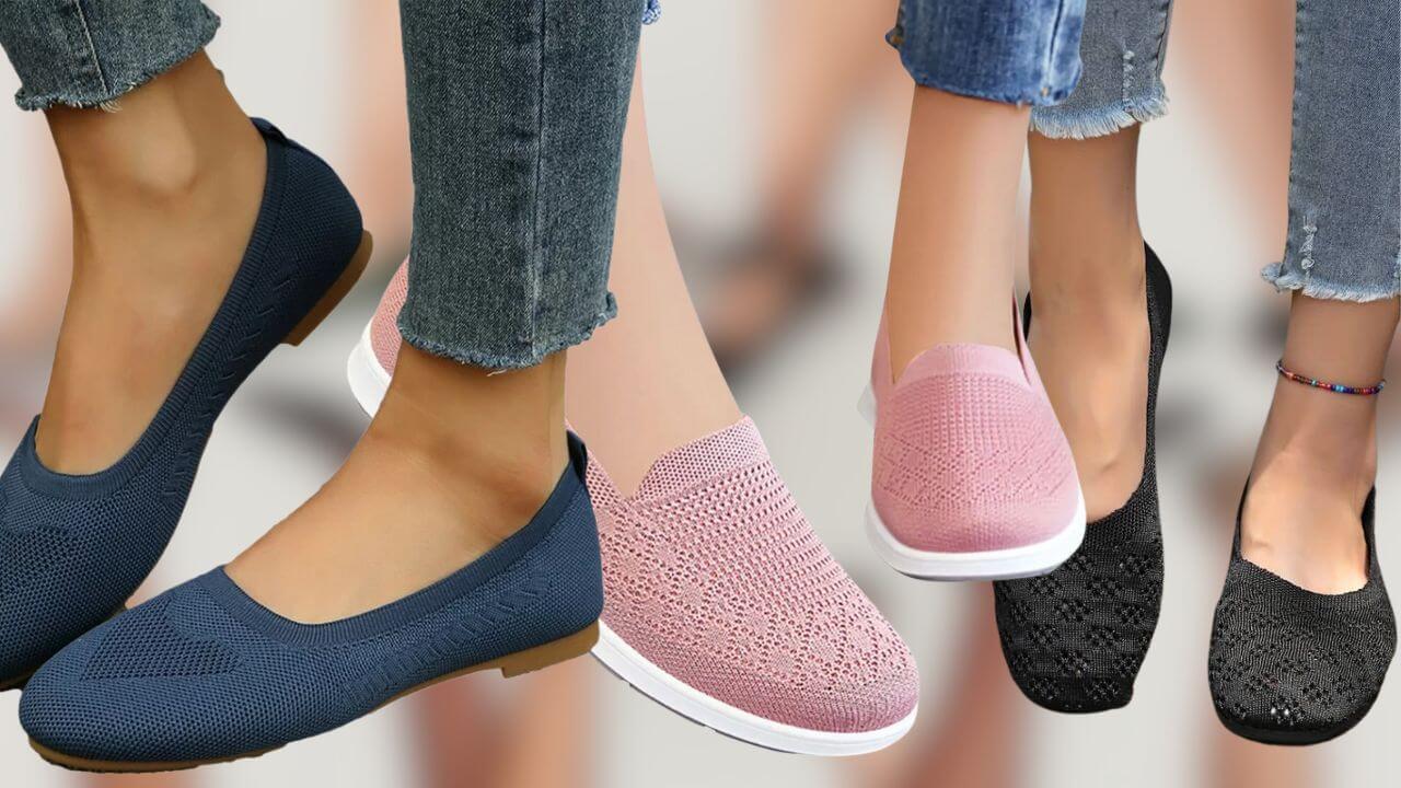Pairs of blue, pink, and black mesh ballet flats being presented