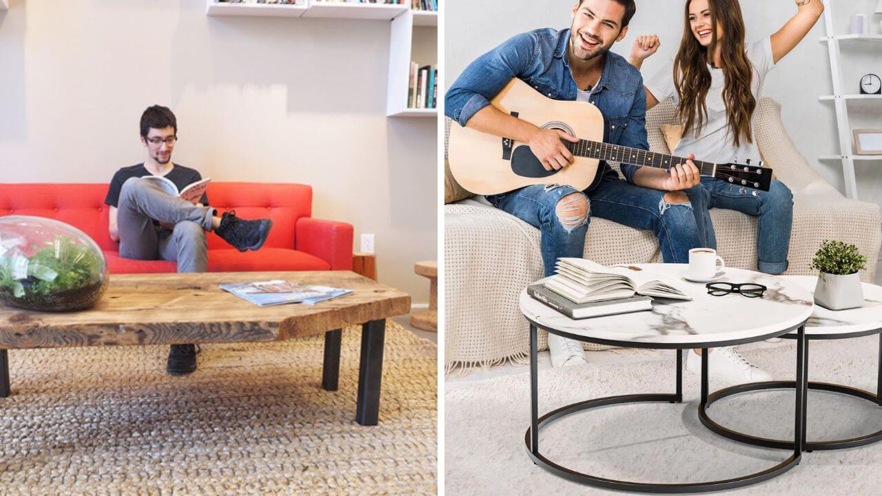 Man reading at a metal coffee table and a man and a woman entertaining at a metal coffee table