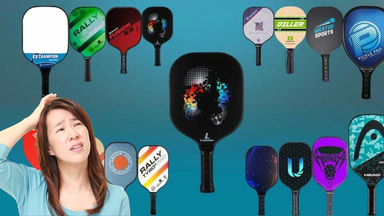Woman looking pondering the different types of pickleball paddles