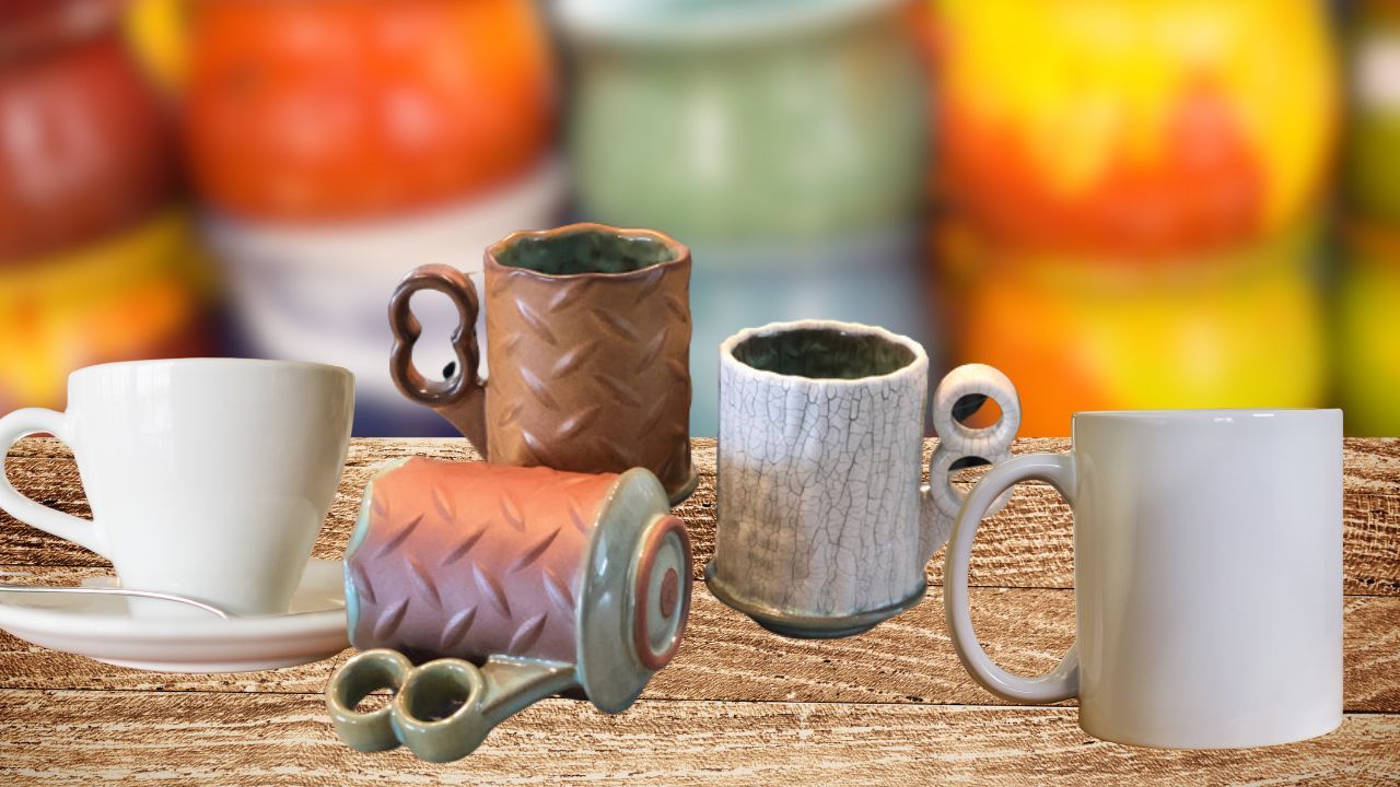 Handmade ceramic mugs on display