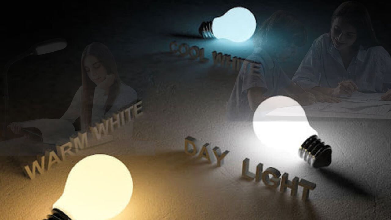 Three desk lamp bulbs representing lamp color with desk lamp users in the background