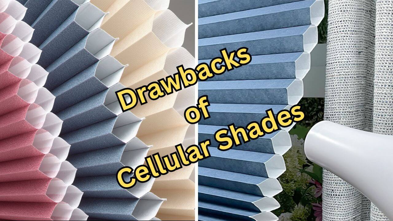 Two pictures of cellular shades and a title of drawbacks of cellular shades