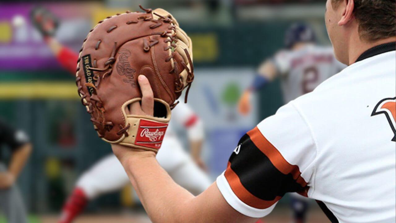 First baseman glove worn by a baseball player in a game