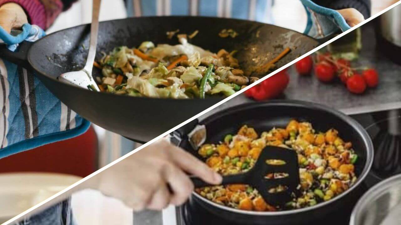 A person using a wok and a person using a frying pan