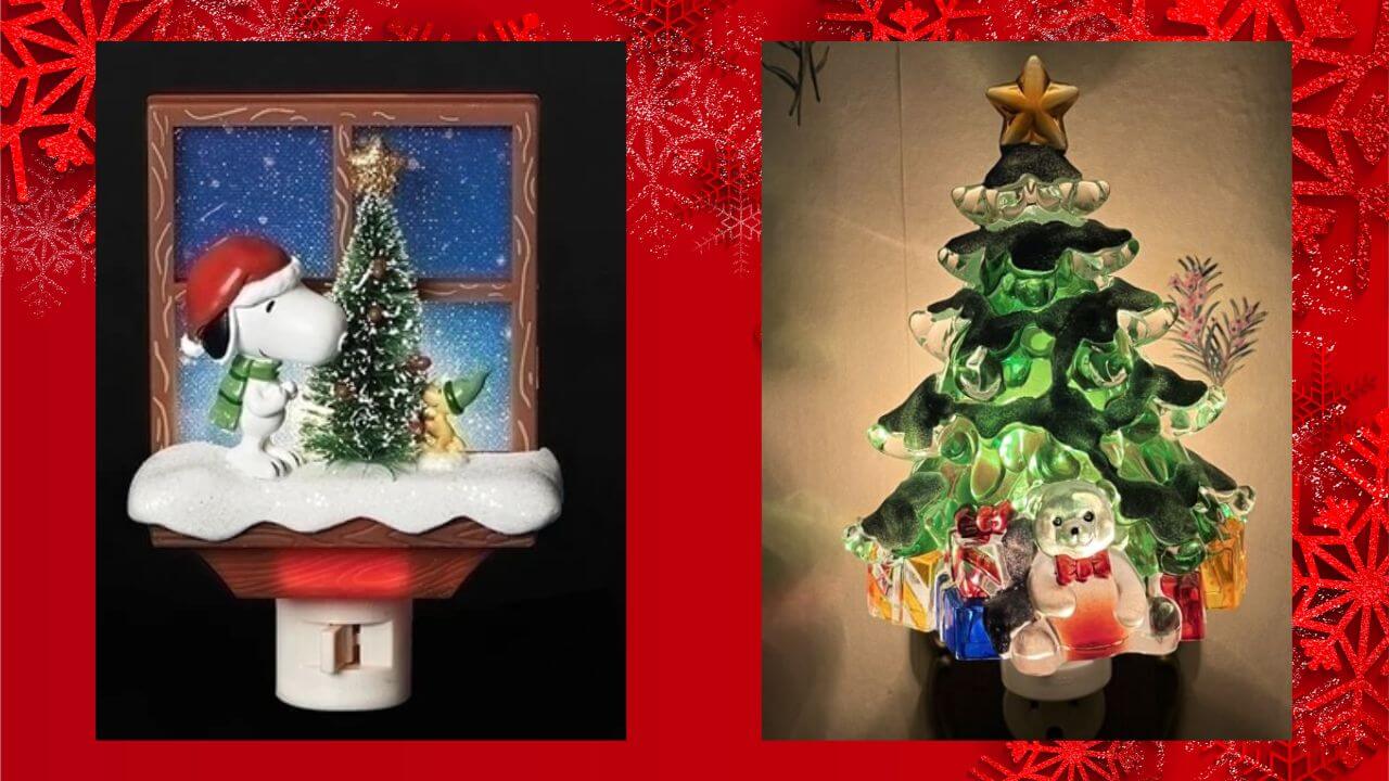 Snoopy with Christmas tree night light and a Christmas tree night light