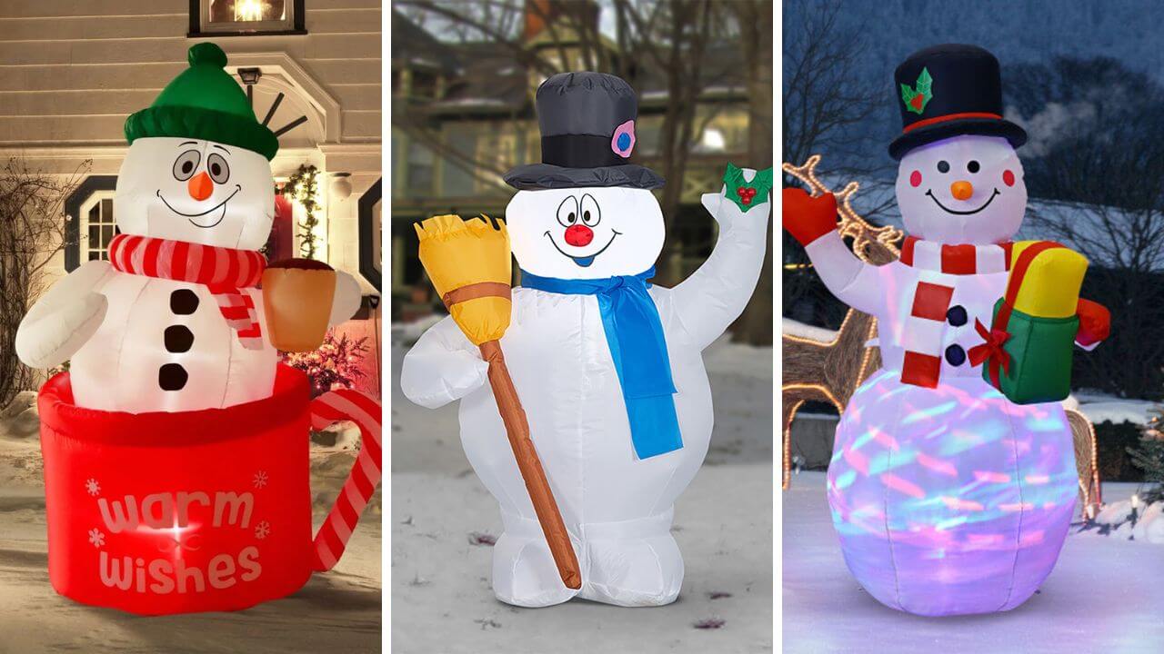 Frosty the snowman in a red cup, standing holding a broom, and standing holding a gift, and waving