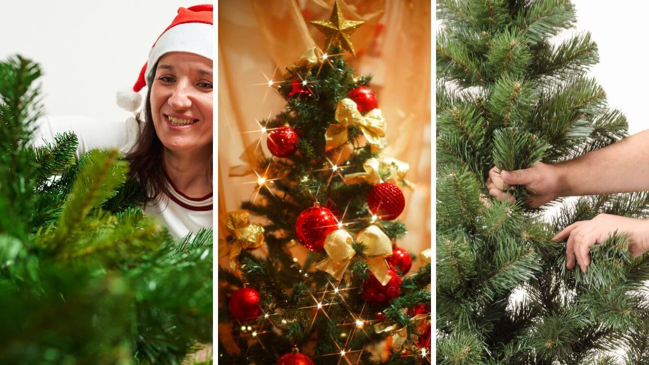 Three artificial green Christmas tree images
