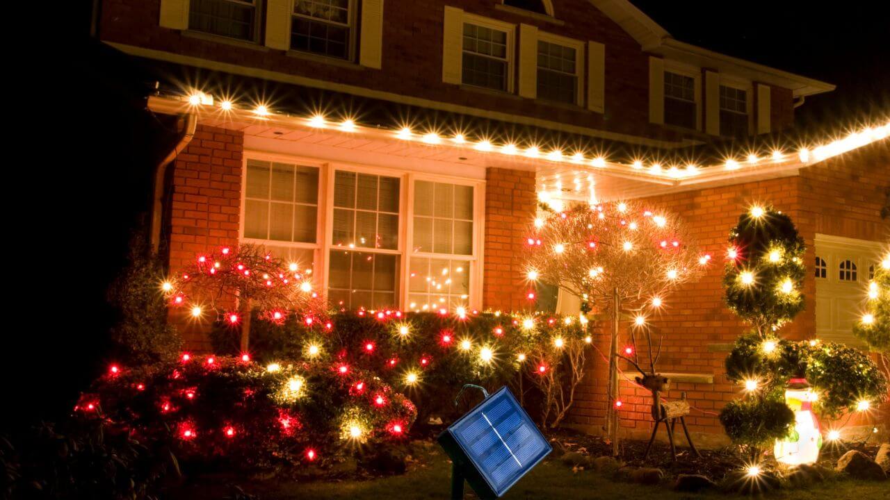 House decorated with solar outdoor Christmas lights