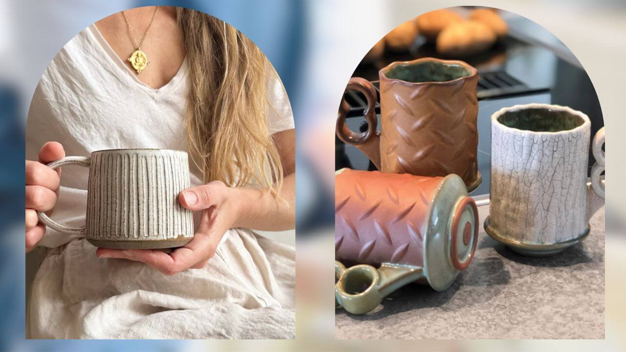 Images of a ceramic mug and three porcelain mugs