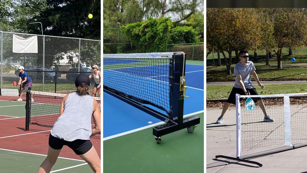 Fixed pickleball net, a rollable pickleball net, and a portable pickleball net