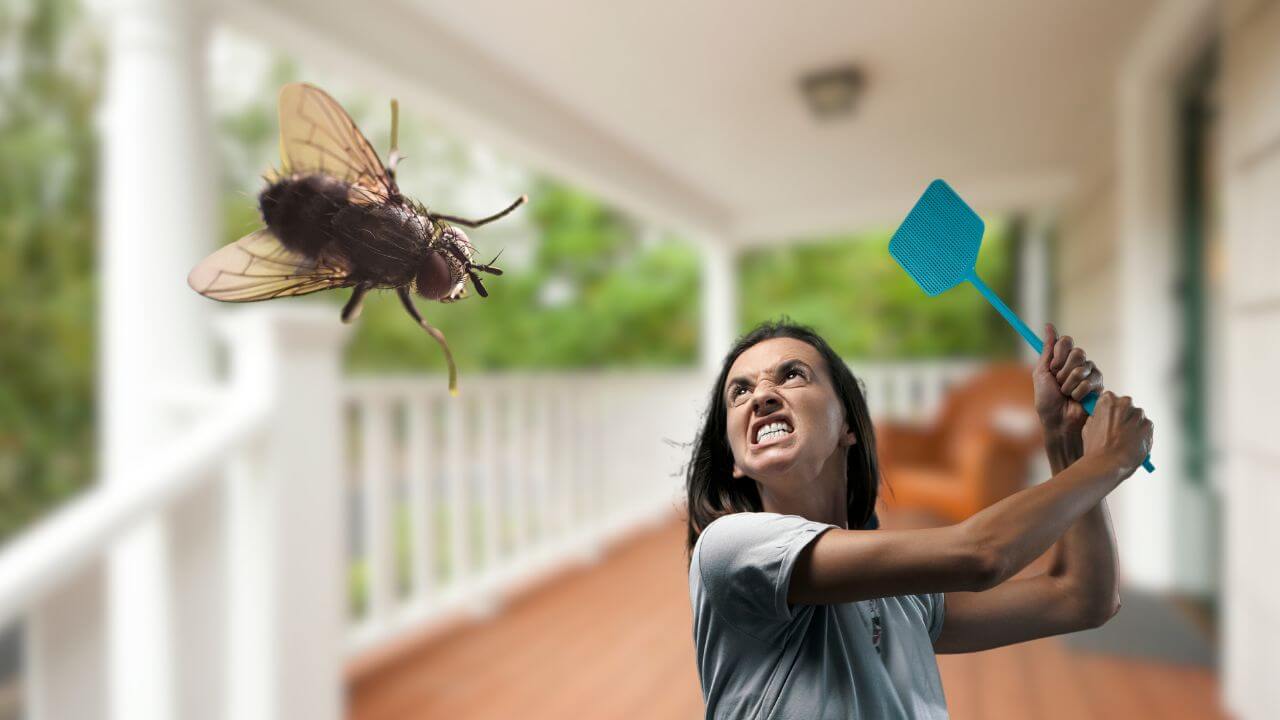 Angry woman on a porch swatting at a fly