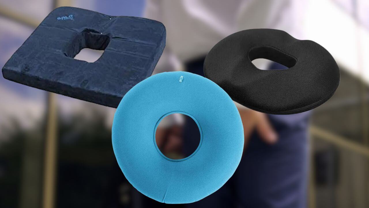 Images of three kinds of cushions for hemorrhoids with man in background