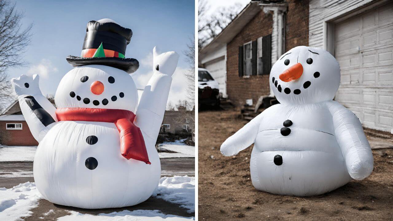 Well-maintained, fully inflated snowman and a poorly-maintained, partially inflated snowman