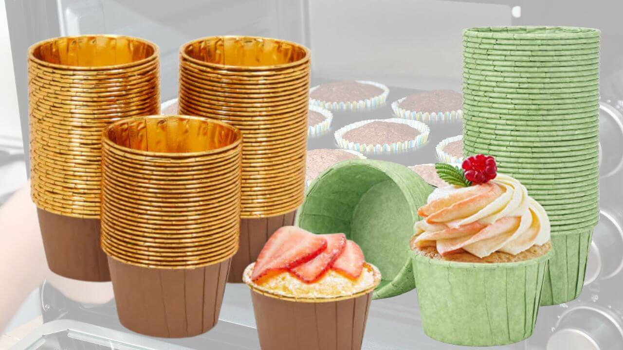 Group of gold and brown foil cupcake liners and a group of green paper cupcake liners