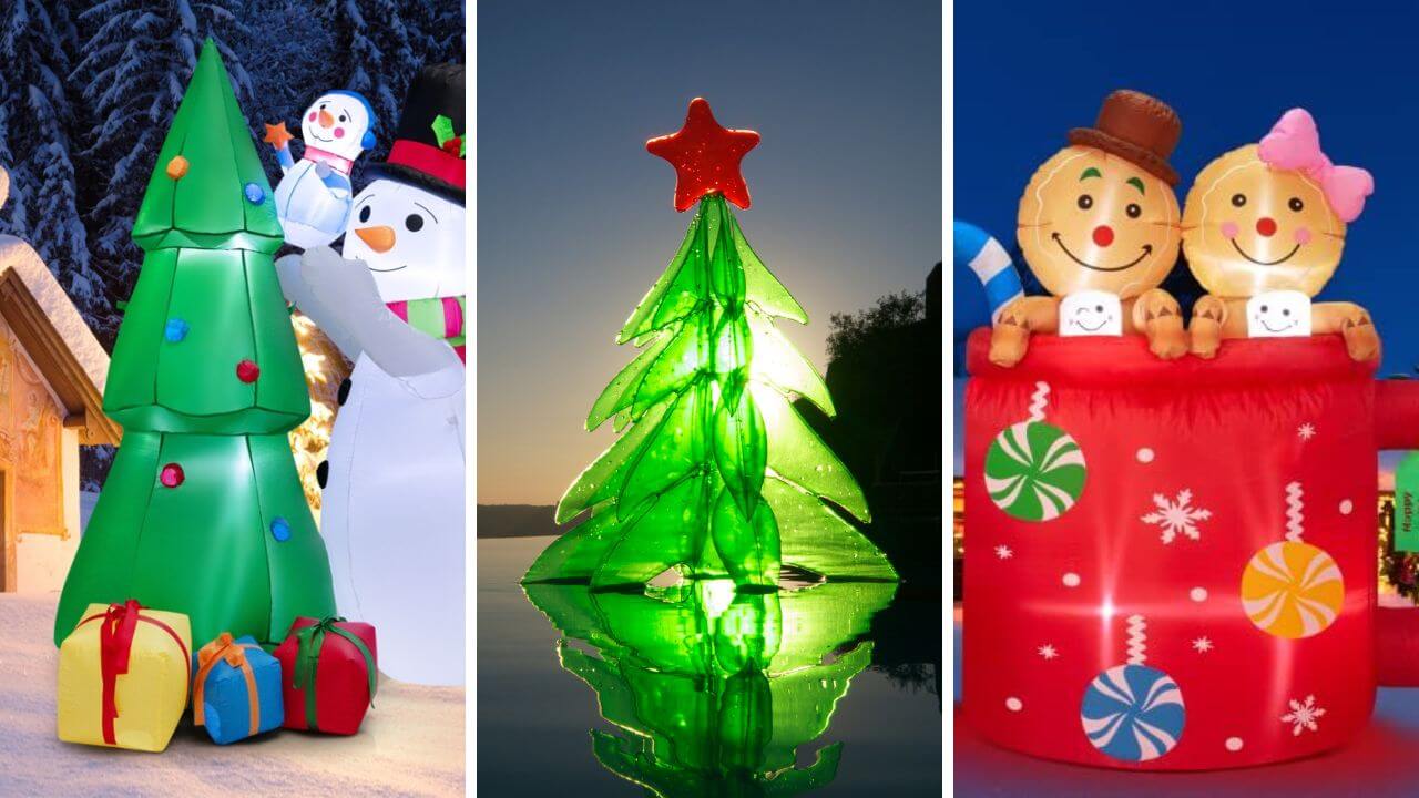 Christmas inflatables: A Christmas tree and snowman, A Christmas tree, and A cocoa mug