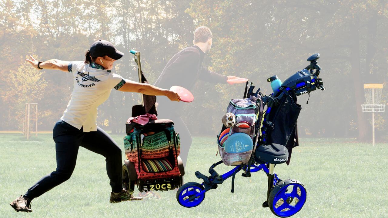 Disc golf player with two disc golf carts
