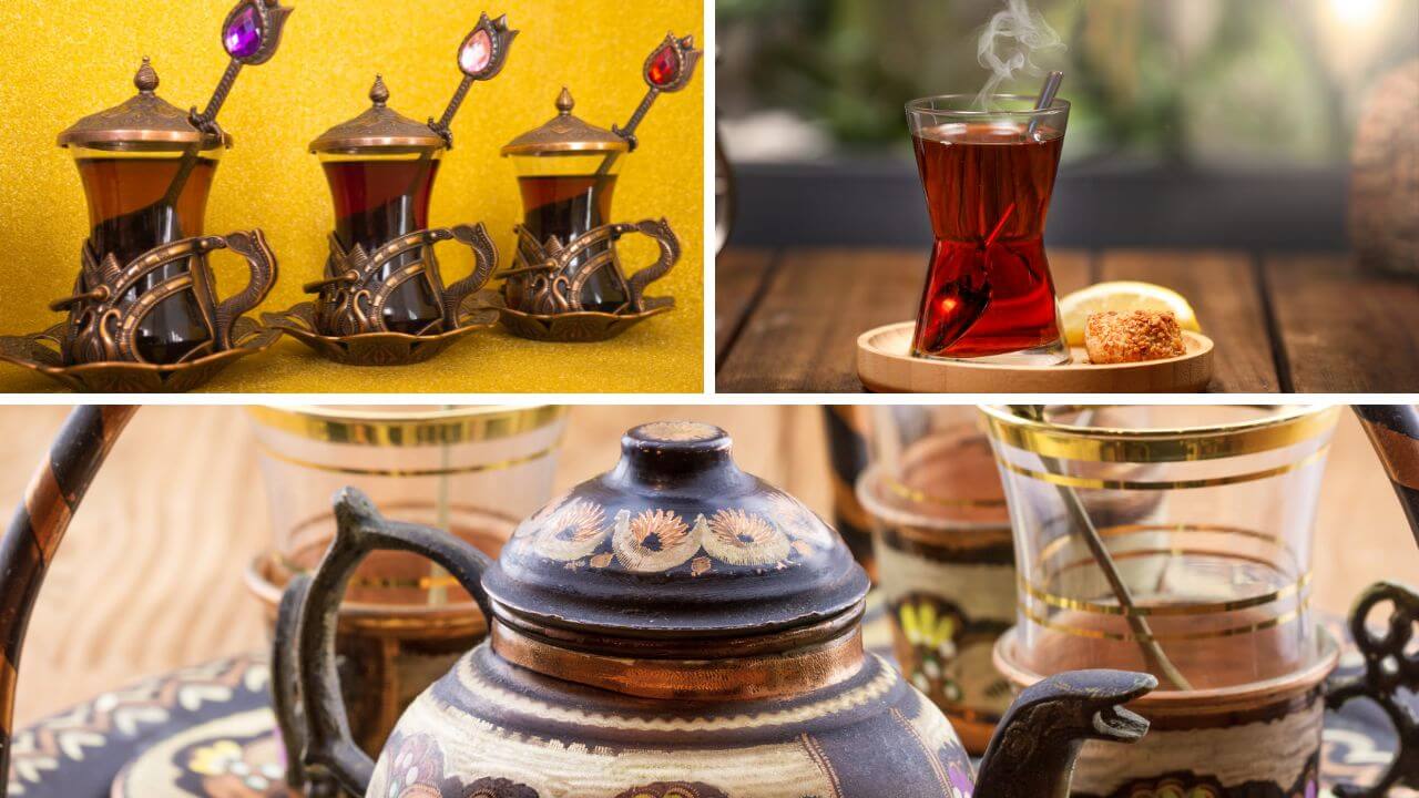 Three pictures of Turkish tea sets