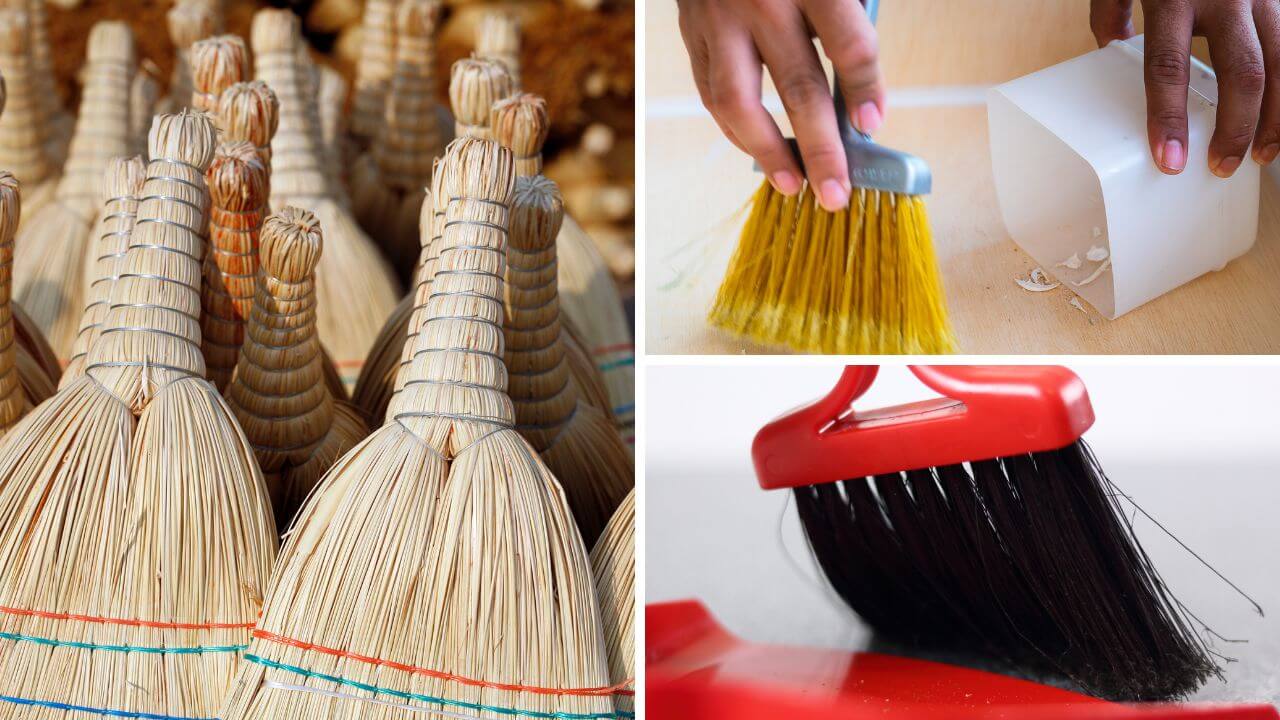 A group of whisk brooms, a small whisk broom, and a regular-sized whisk broom