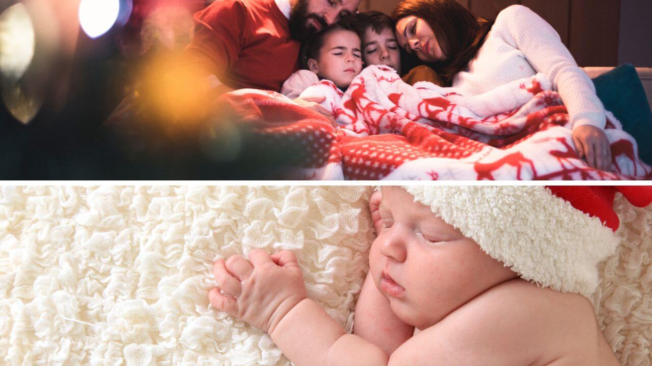 Family snuggling with a Christmas blanket and a baby sleeping on a Christmas blanket