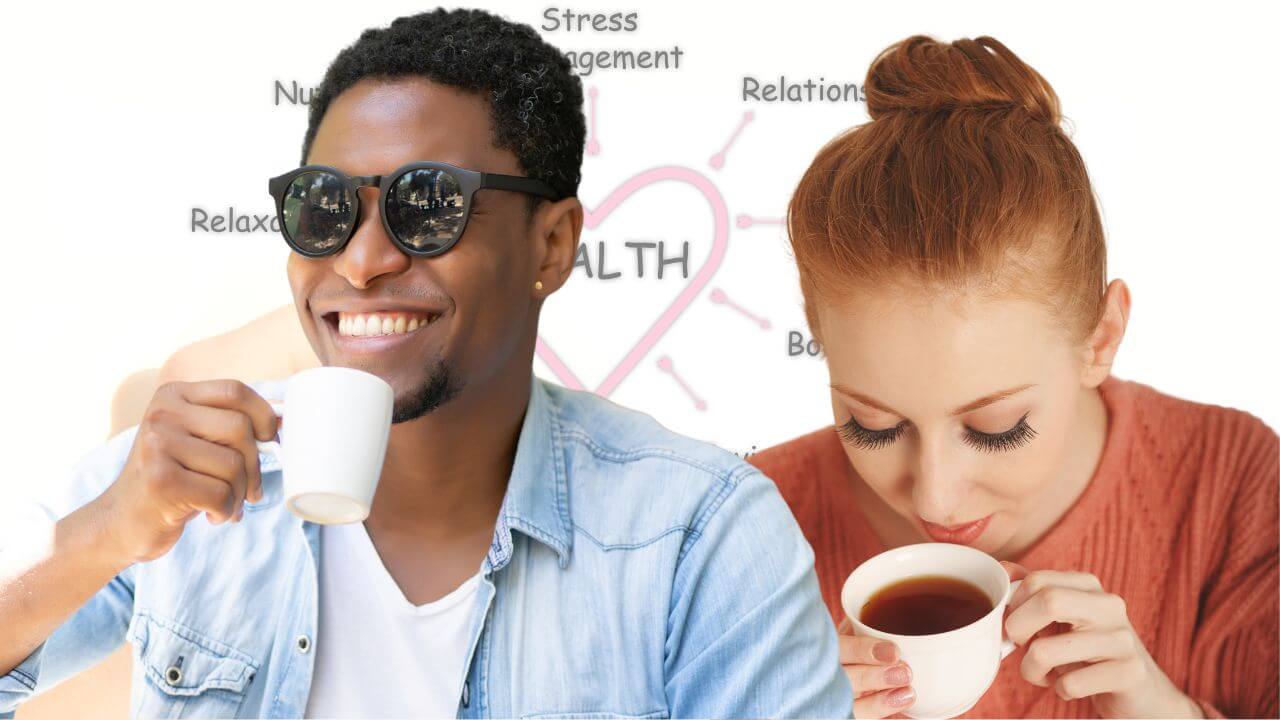 Man and a woman drinking coffee in front of a health diagram